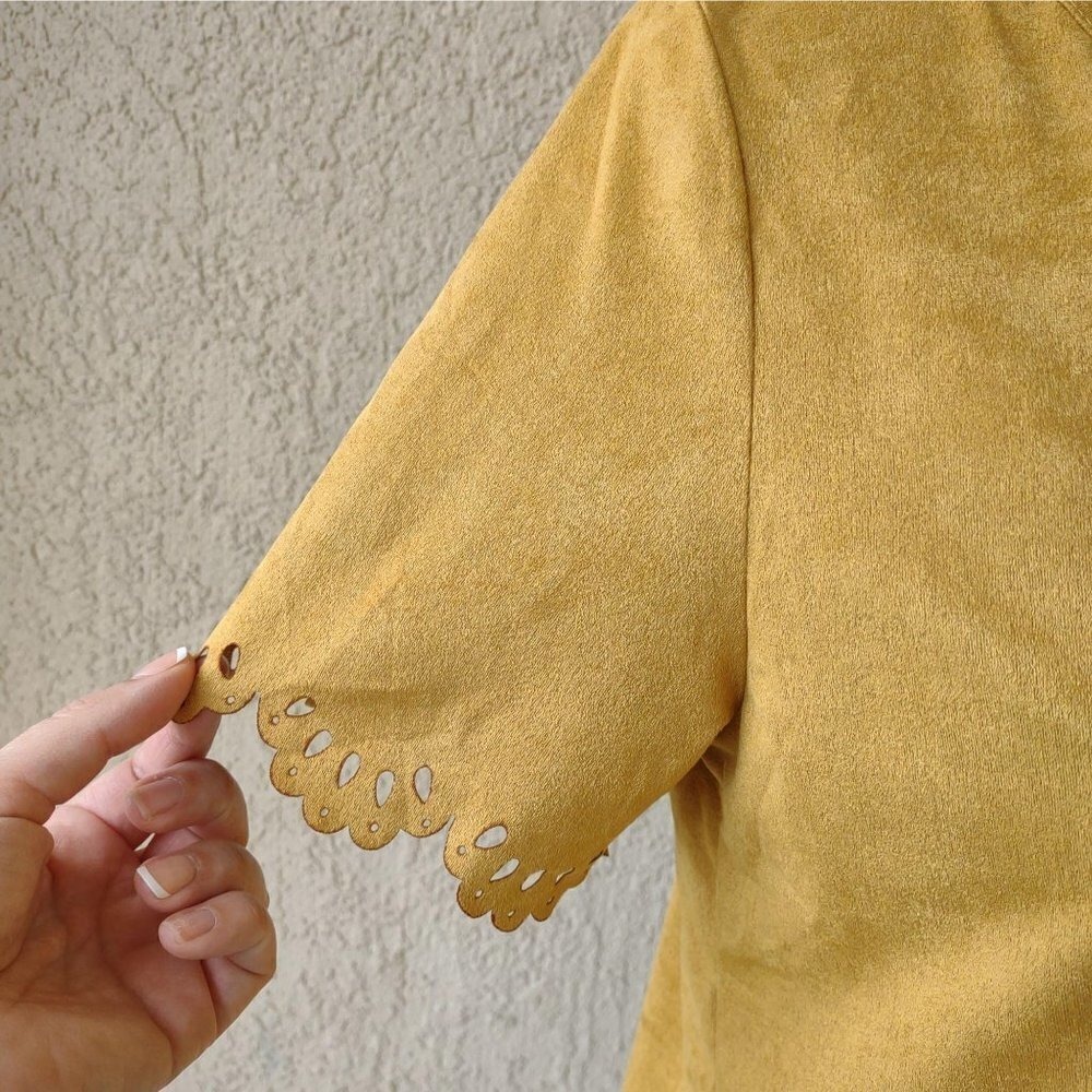 Boutique Western Boho Faux Suede Mustard Yellow Top Shirt Juniors Large - Picture 5 of 7